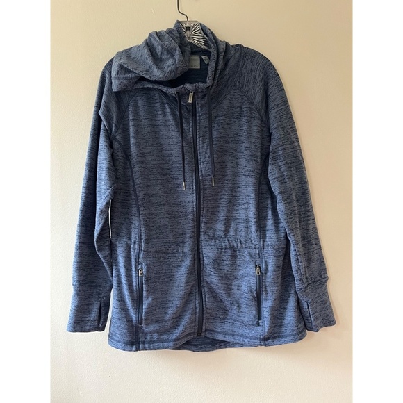ATHLETA Heathered Blue Hooded Sweatshirt No Sweat Jacket Full Zip Pockets Size M - Picture 2 of 10